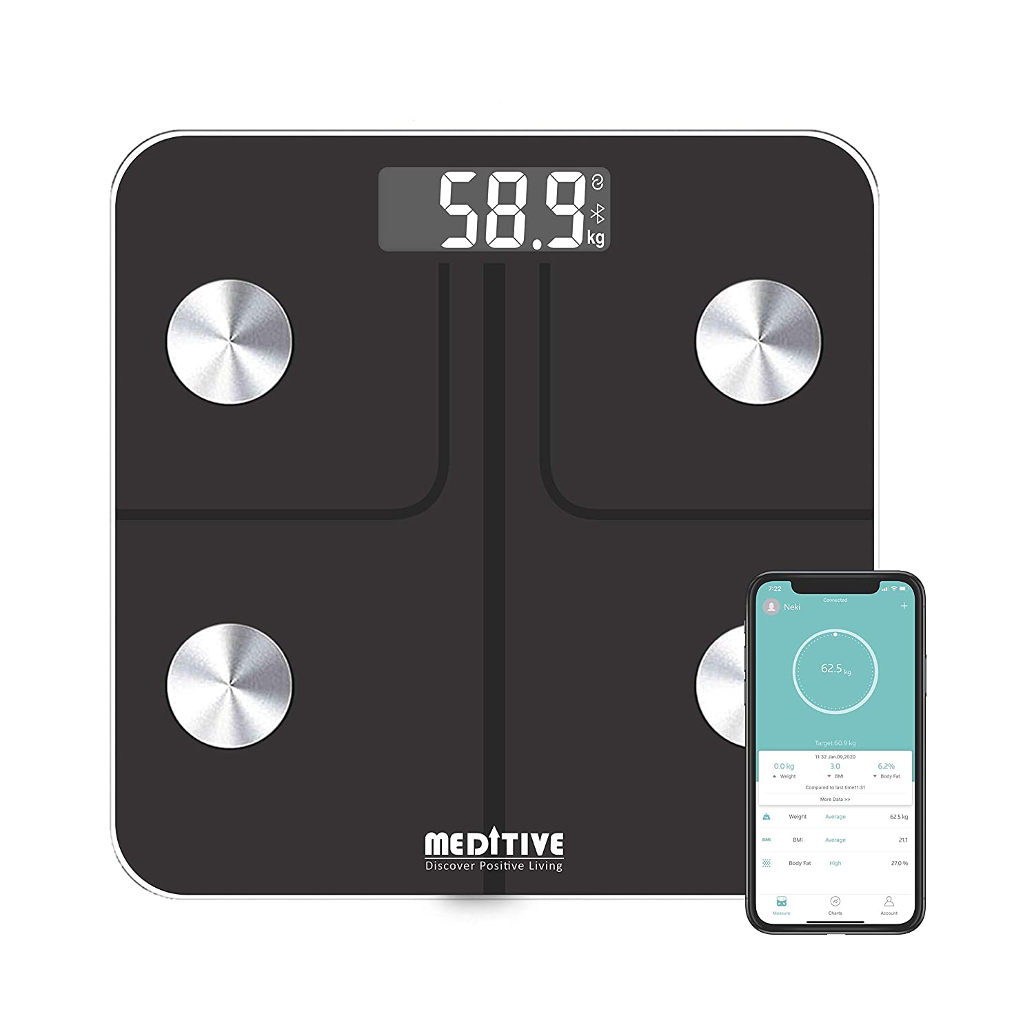 BLUETOOTH bathroom scale, multiple measurements. APP for iOS and An