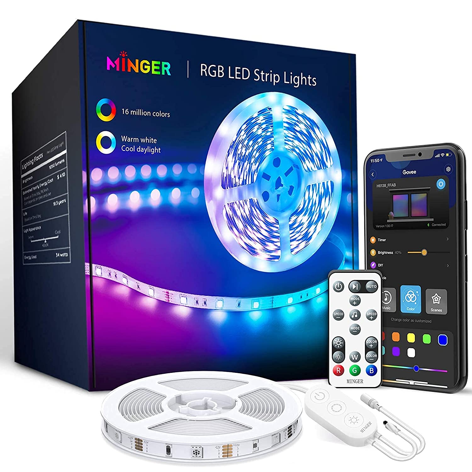 Govee LED Strip Lights, 16.4FT RGB Lights with Remote Control for Bedroom,  Ceiling, Kitchen - 20 Colors, DIY Mode, Easy Installation
