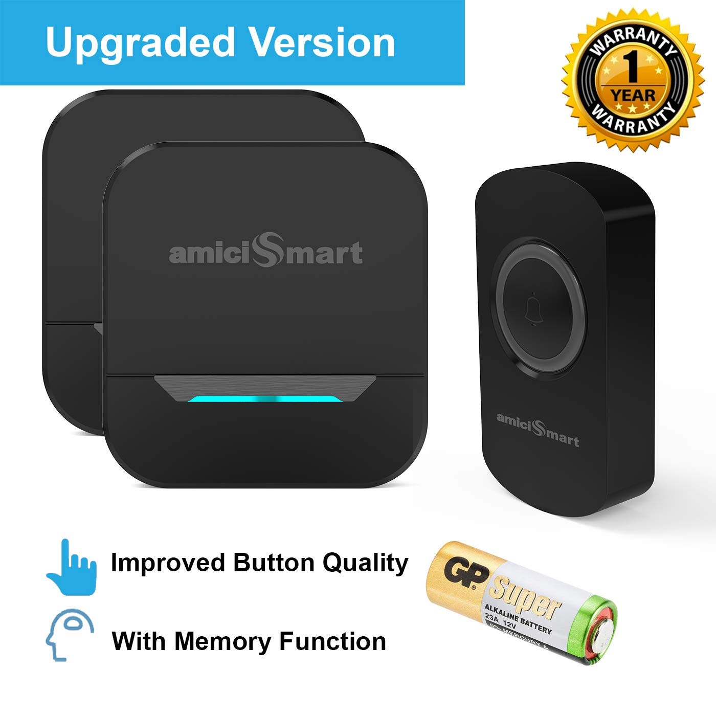 amiciSmart Wireless Doorbell with Touch Button, 120m Range Call Bell with  36 Chimes 4 Volume Level and RGB Indication (1 Transmitter, 2 Receiver)